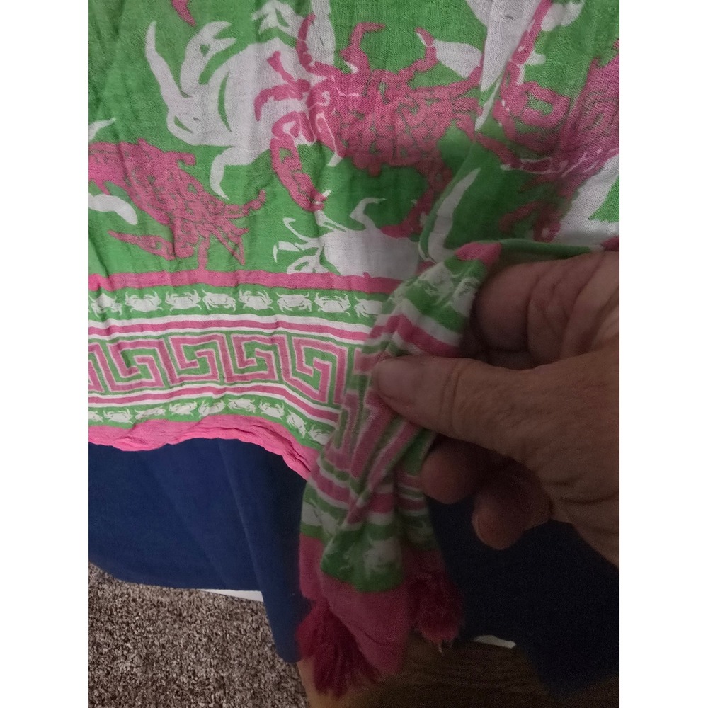 Crown & Ivy Beach Womens XS Pink Green Crab Print Tassel Embroidered Tunic Top - Picture 3 of 3
